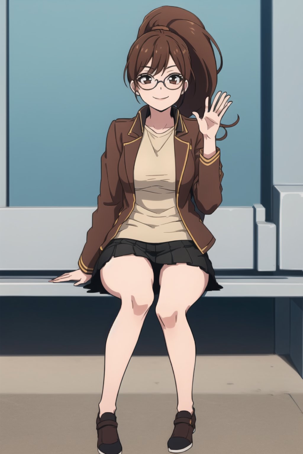 beautiful, masterpiece, best quality, extremely detailed face, masterpiece, 1girl, solo female, looking at viewer, descensored, 1woman, best quality, ultra-detailed, long hair, wole body, full body, brown hair, glasses, short skirt, ponytail, in a parck, sitting, medium breasts, smile, long brown jacket, waving, 