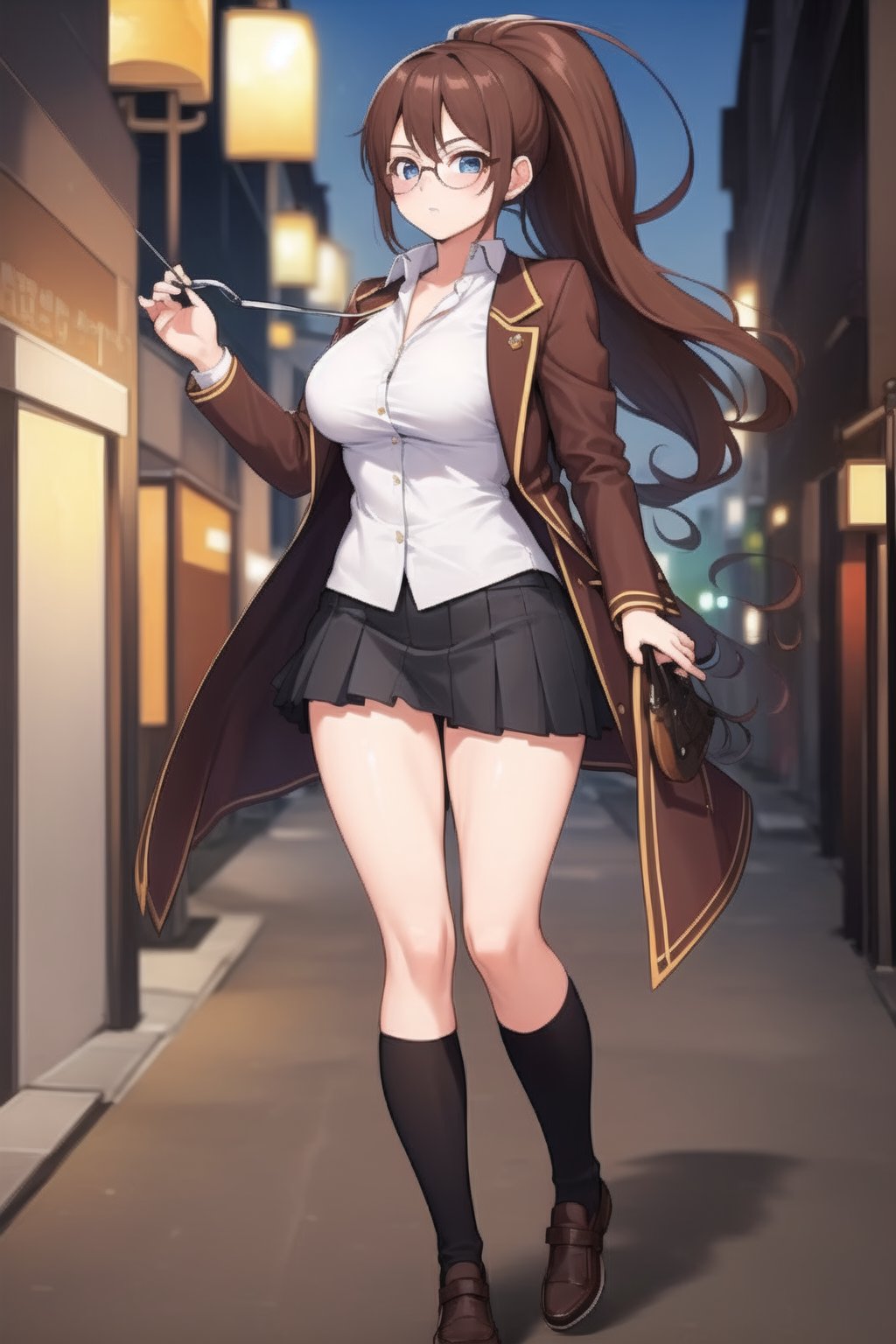 beautiful, masterpiece, best quality, extremely detailed face, masterpiece, 1girl, solo female, looking at viewer, descensored, 1woman, best quality, ultra-detailed, long hair, wole body, full body, brown hair, glasses, short skirt, ponytail, in a school, medium breasts