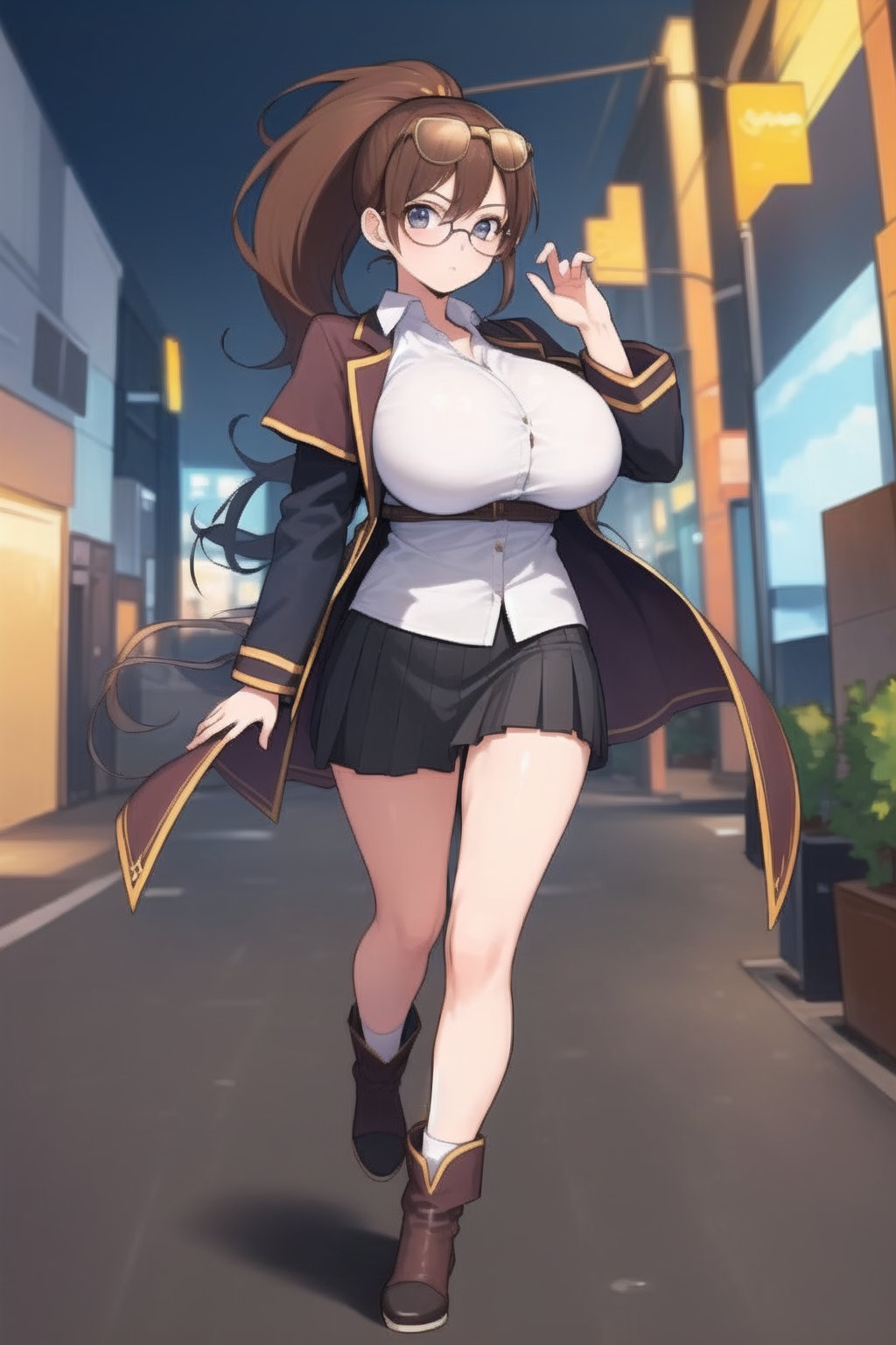 beautiful, masterpiece, best quality, extremely detailed face, masterpiece, 1girl, solo female, looking at viewer, descensored, 1woman, best quality, ultra-detailed, long hair, wole body, full body, brown hair, glasses, short skirt, ponytail, in a school, big breasts