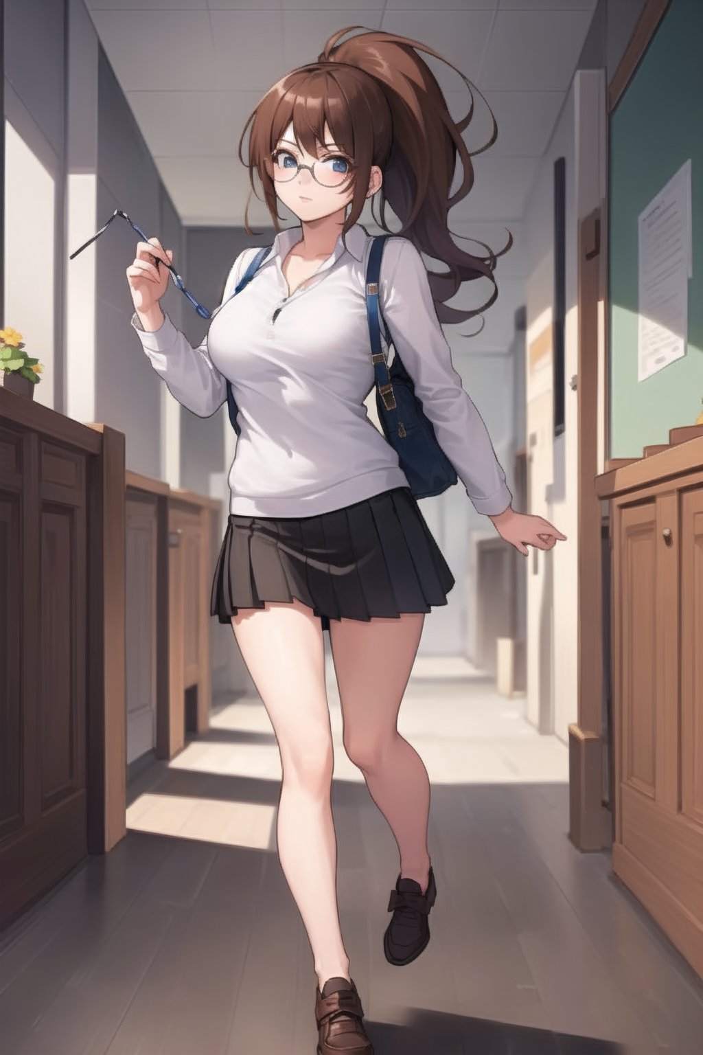 beautiful, masterpiece, best quality, extremely detailed face, masterpiece, 1girl, solo female, looking at viewer, descensored, 1woman, best quality, ultra-detailed, long hair, wole body, full body, brown hair, glasses, short skirt, ponytail, in a school,