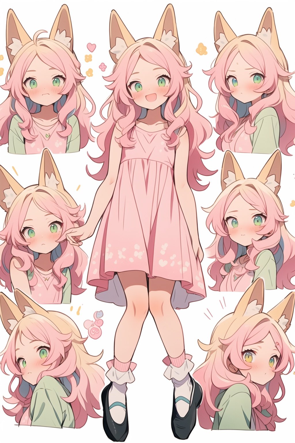 ((masterpiece, best quality,)),collage,traditional media,1girl, solo,fox_ears,yellow eyes:1.5|green eyes:1.1,(pink hair:1.2|blonde hair), gentle hazel eyes, flowing wavy hair, ankle socks, gazing at viewer, white socks, ballet flats, pastel sundress, full body <lora:Sticker style1.0-tusi:0.7>