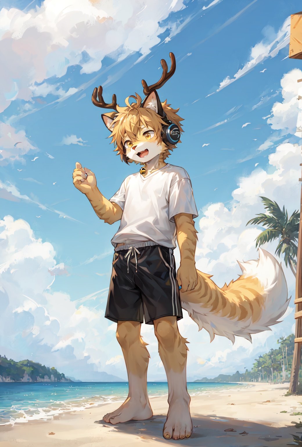 ahoge, furry, Children with bells and headphones, furry, open mouth, Big fluffy tail, An eight-year-old boy, Not a spot on the whole body, Yellow cat ears and brown antlers, Gray shorts, White shirt, The size of the cat, Juvenile, Skinny body type, 1boy, cat boy, furry, cub, ultra cute face, full body, perfect lighting, masterpiece, ultra detailed, White clothes,  ultra detailed fur, Beach, outside, The blue sky and white clouds, Alone,barefoot