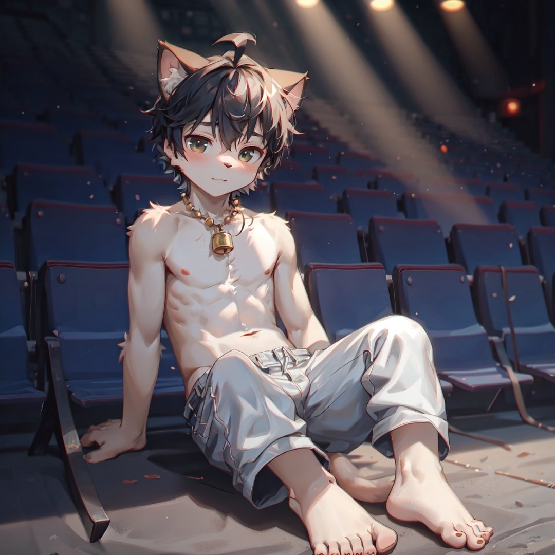 8k,A handsome boy, 15 year old,cute,thin, full body photo, sunny, blurred light, soft light, extreme hd picture,topless,white shorts,（barefoot）, midjourney, NJIP,stadium,Sitting on the ground with exposed  toes,shy,soft light and shadow,movie lenses, ahoge, furry, Children with bells, An eight-year-old boy, Not a spot on the whole body, cat ears , Juvenile, Skinny body type, cat boy,cub, ultra cute face, full body, perfect lighting, masterpiece, ultra detailed, ultra detailed fur, Alone, 