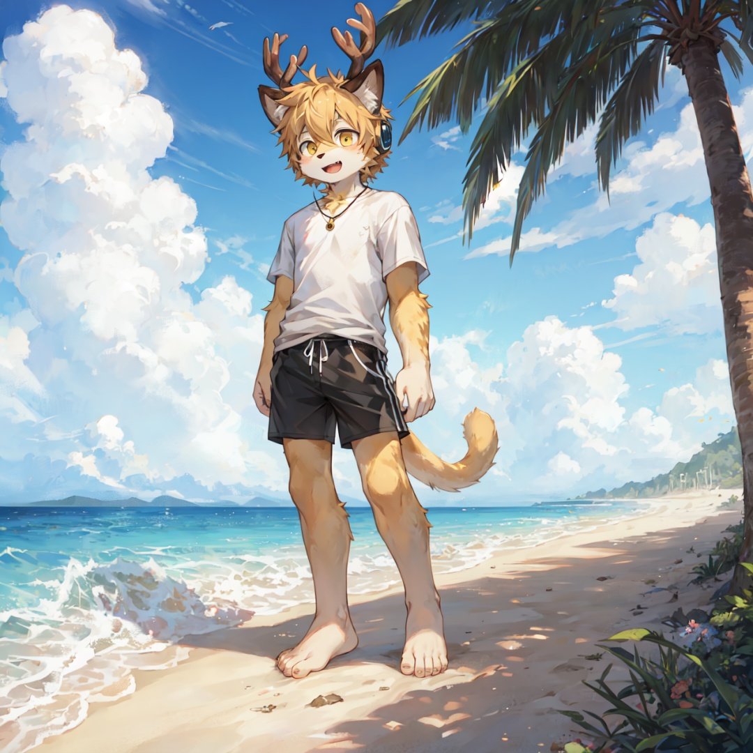 ahoge, furry, Children with bells and headphones, furry, open mouth, Big fluffy tail, An eight-year-old boy, Not a spot on the whole body, Yellow cat ears and brown antlers, Gray shorts, White shirt, The size of the cat, Juvenile, Skinny body type, 1boy, cat boy, furry, cub, ultra cute face, full body, perfect lighting, masterpiece, ultra detailed, White clothes,  ultra detailed fur, Beach, outside, The blue sky and white clouds, Alone,barefoot