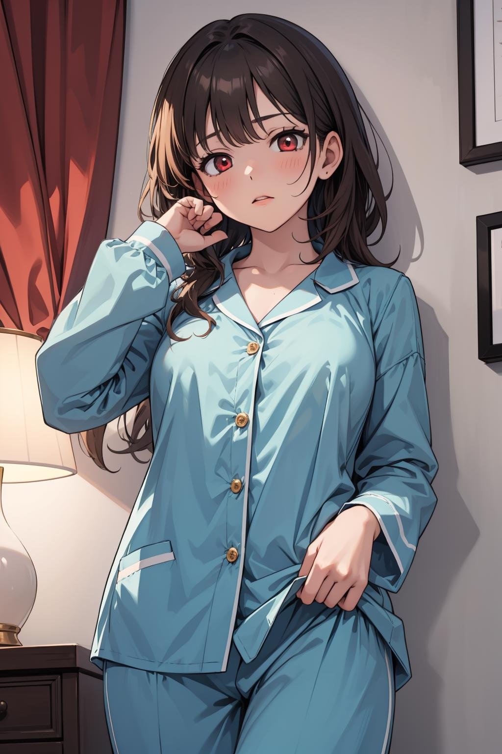 masterpiece, best quality, high quality, novel illustration, 1girl, sleepy, brown hair, red eyes, medium breasts, blue pajamas, unfairr, 