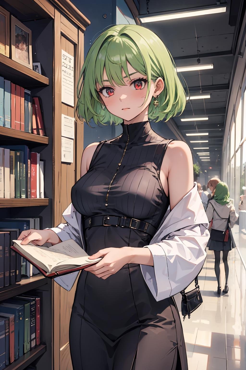 (Masterpiece), high quality, best quality, 1girl, tall female, mature female, medium breasts, (short hair, green hair, straight hair, shiny hair),BREAK  red eyes, tsurime, glowing, glowing eyes, eye glitter, glitter, BREAK reading, book, bookshelf, library, studying, 