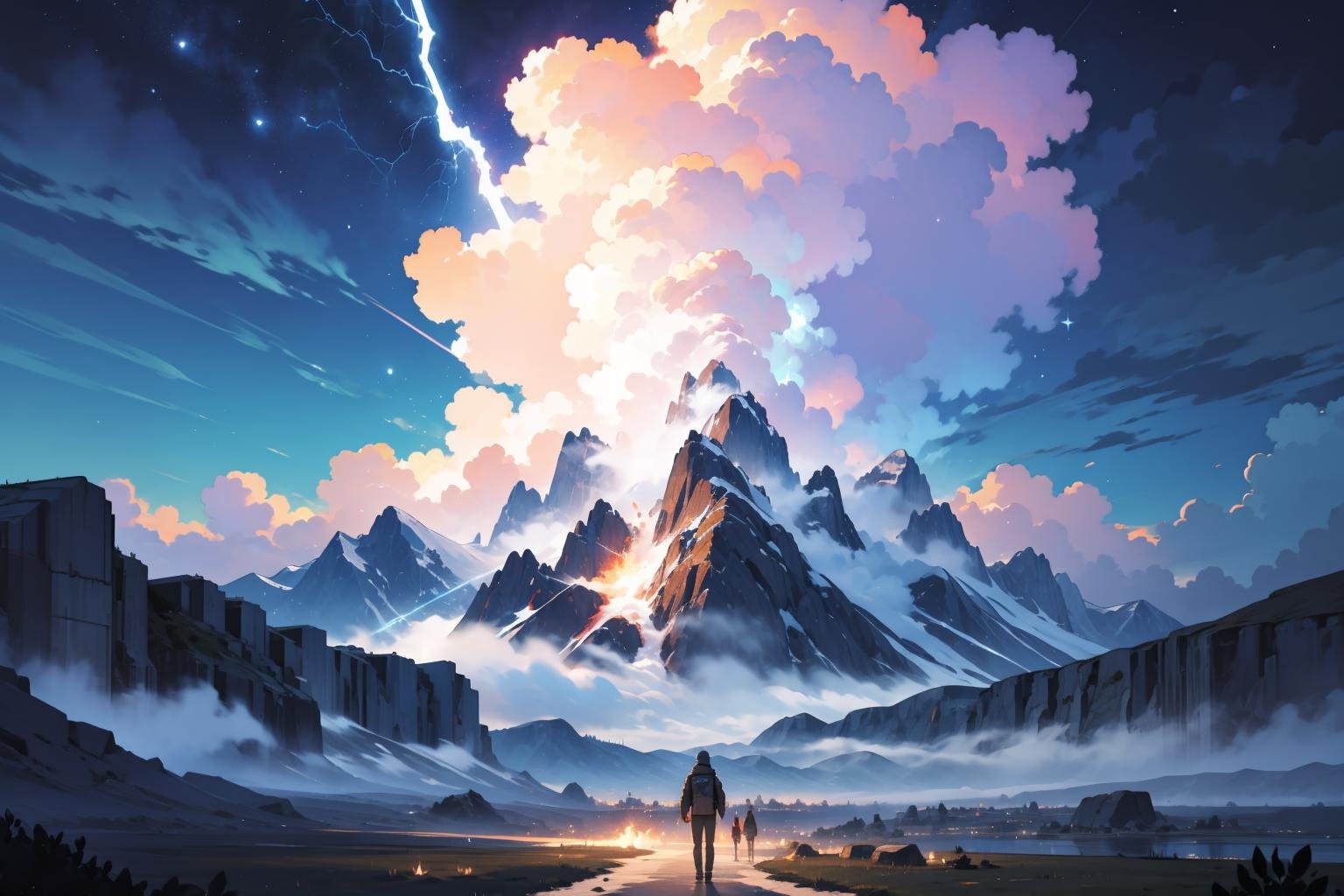 masterpiece, best quality, high quality, novel illustration, Landscape, no humans, mountain, ((night, night sky)), thunder, electricity, bolt, black cloud, bad weather, explosion, 