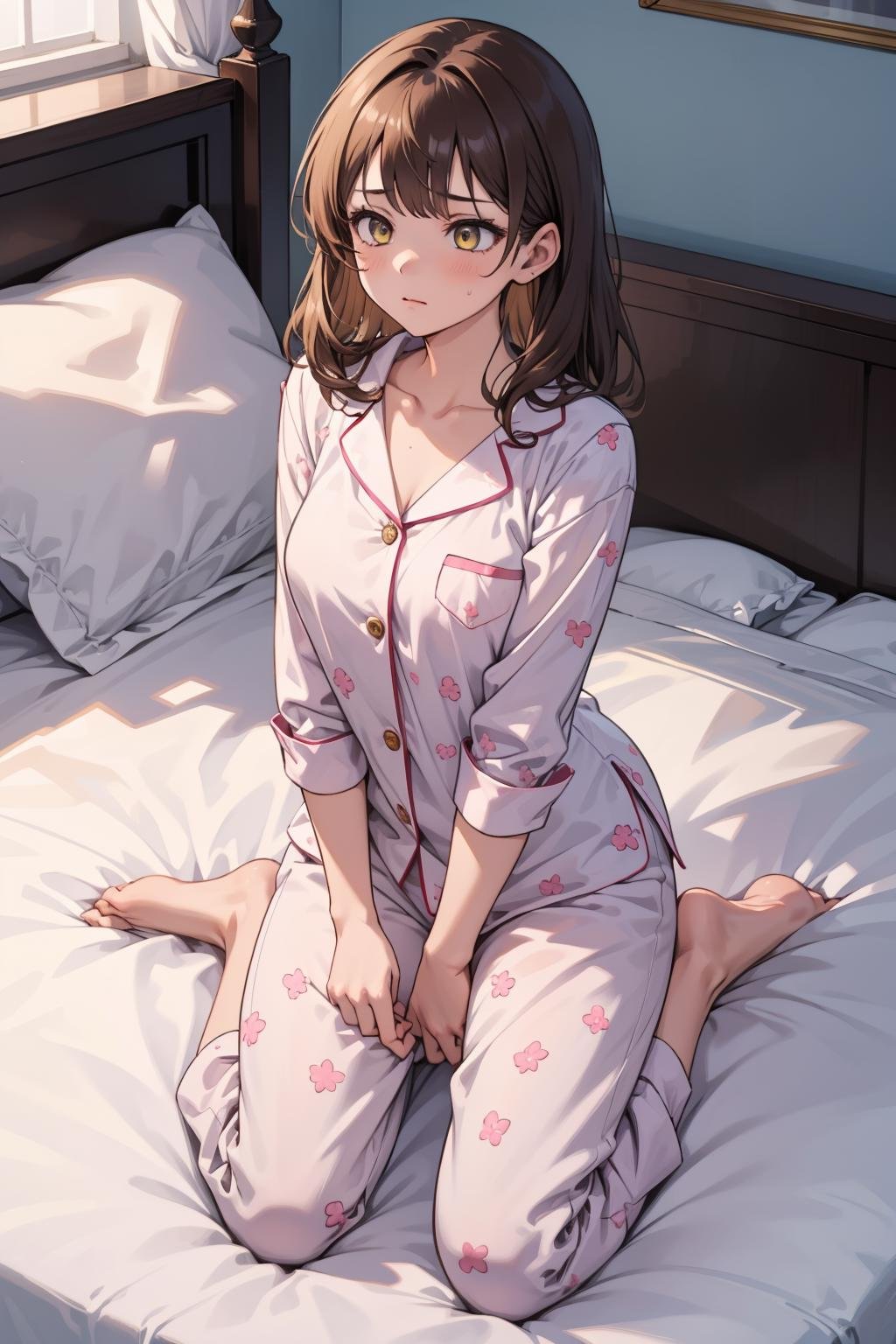 masterpiece, best quality, high quality, novel illustration, 1girl, sleepy, brown hair, yellow eyes, medium breasts, pink pajamas, on bed, kneeling, cushion, 