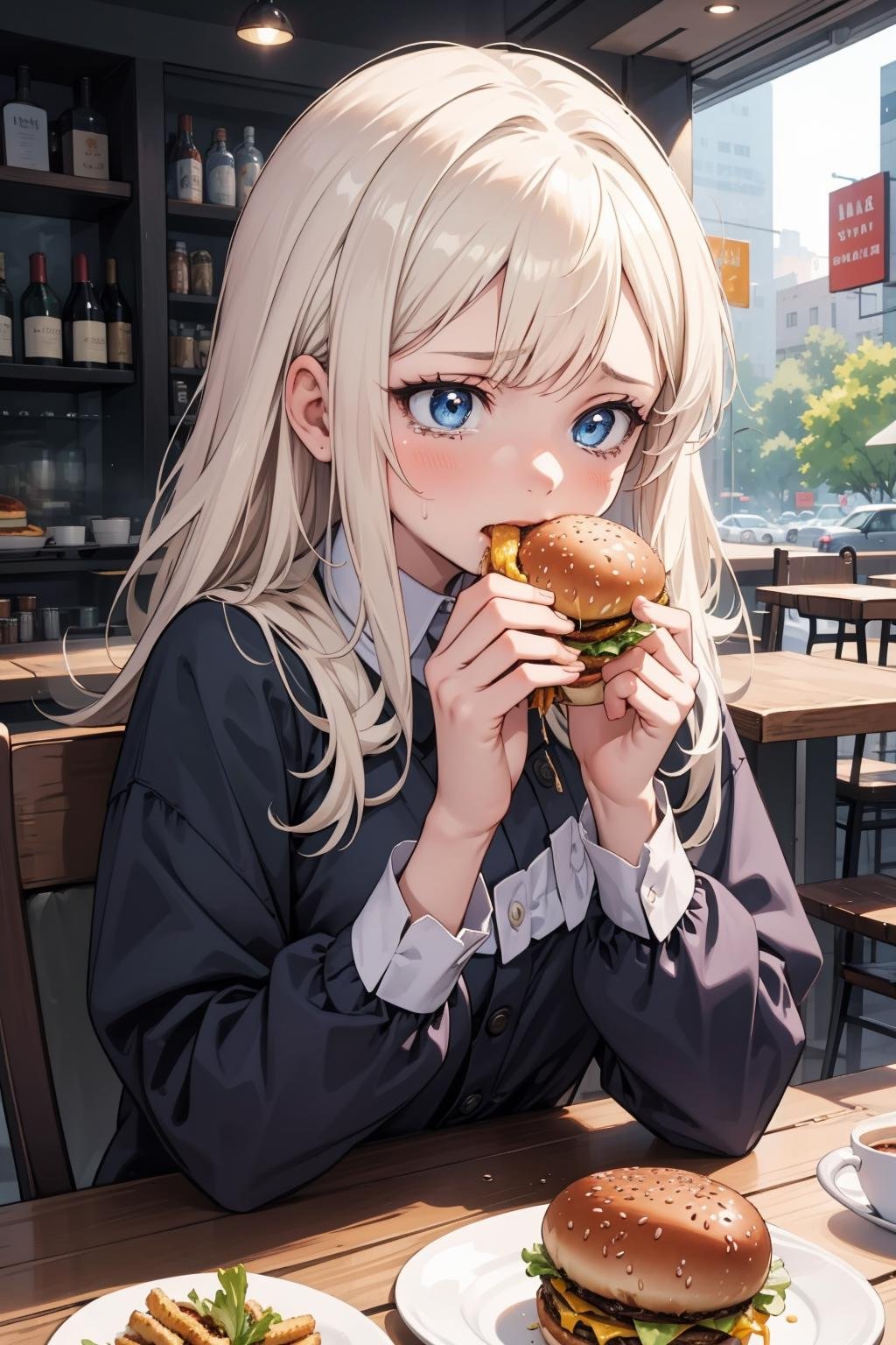 masterpiece, best quality, high quality, novel illustration, 1girl, sitting, cafe, holding, holding food, burger, biting, biting food, eating, crying, close up, upper body, 