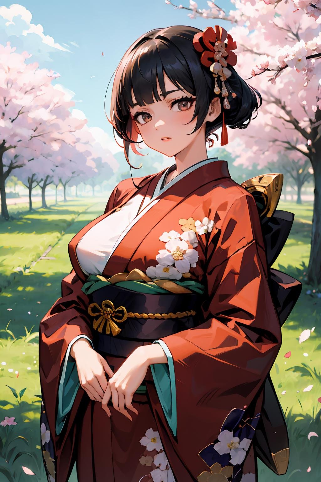 absurdres, highres ultra detailed, cowboy shot, diagonal view, grasslands, flowers,1girl, black hair, blunt bangs,(nihongami, kanzashi:1.3), japanese clothes, red kimono, white skin, [angry:dear:0.5], looking at viewer, standing, large breasts, wind, cherry blossoms, dated, cinematic lighting, perfect hands, dated,<lora:RGB_merged333:1>