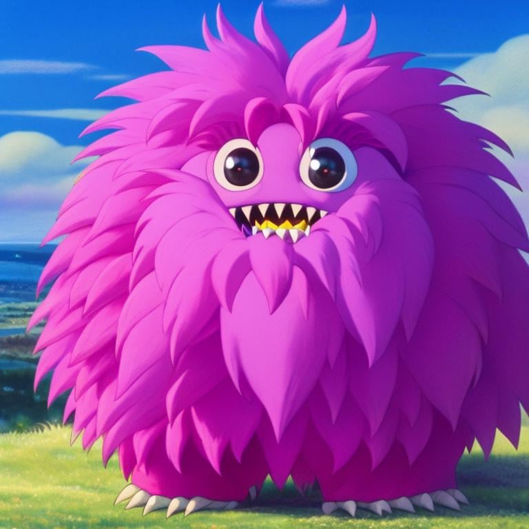 A pink fluffy monster, StdGBRedmAF, Studio Ghibli<lora:StdGBRedmAF21Config4WithTEV2:1>