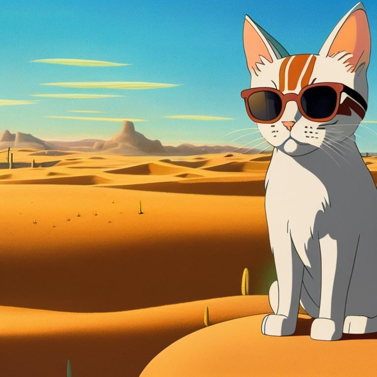 A cat wearing sunglasses, desert background, StdGBRedmAF, Studio Ghibli<lora:StdGBRedmAF21Config4WithTEV2:1>