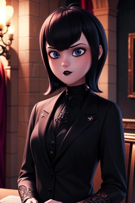 mevis, 1girl, short hair, black hair, solo focus, black eyes, makeup, lipstick, black lips , <lora:mevis:0.55>(dark magic:1.2), (grim:1.2), gothic vampire dressed in three-piece suit ,(intricate details), (hyperdetailed), 8k hdr, high detailed, lot of details, high quality, (colored)