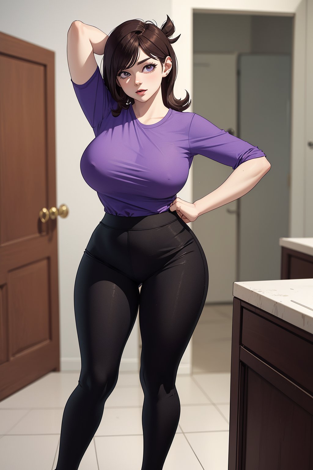 ultra detailed, masterpiece, best quality, female_solo, cartoon, ((JAIDENANIMATIONS)),((PURPLE SHIRT)),((BROWN HAIR)),((black pants)), Black pants, sensual pose, huge_tits,JAIDENANIMATIONS