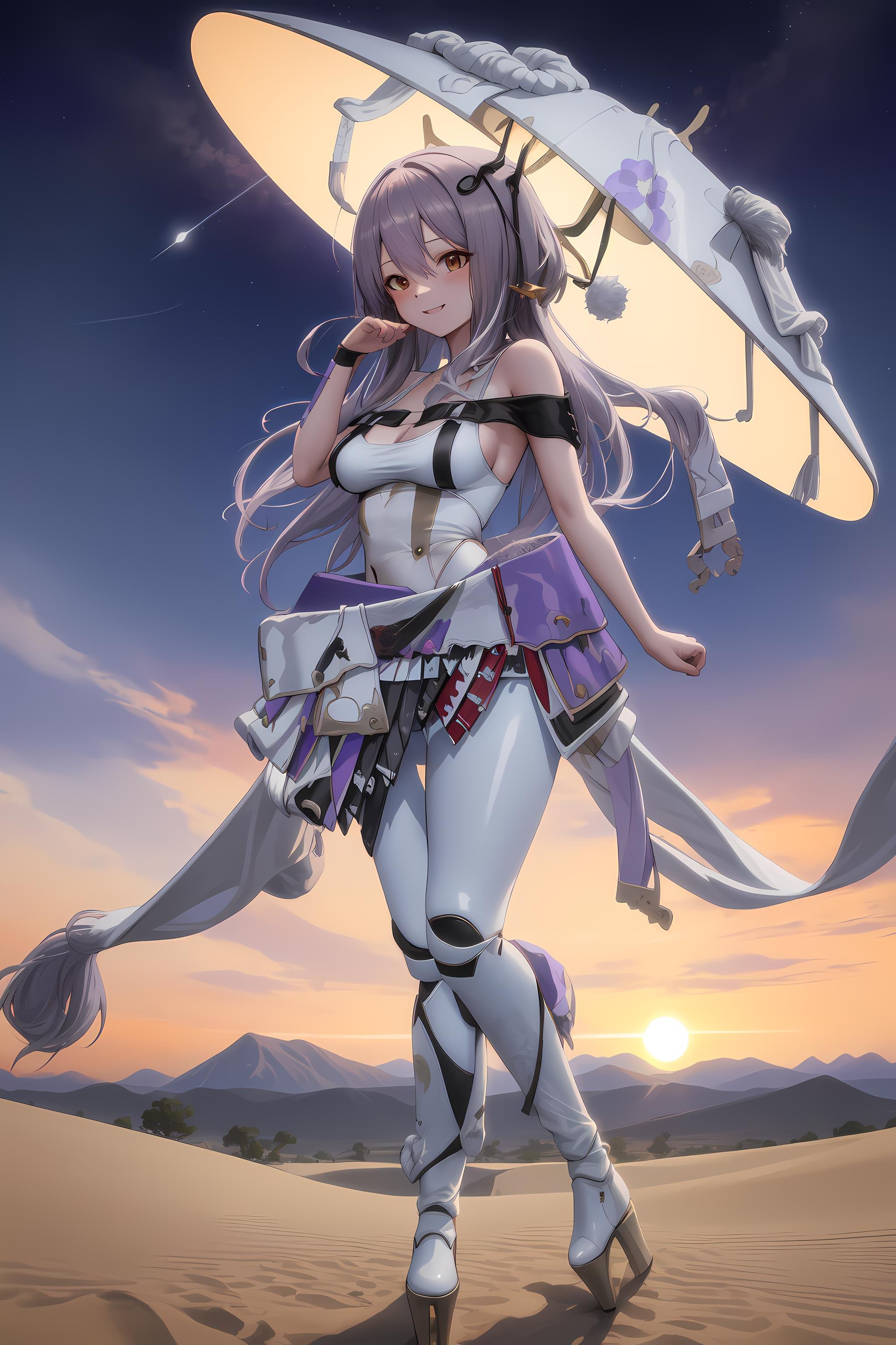 <lora:ScarletV25-000011:1> masterpiece, best quality, scarletx, long hair, white leotard, white pants, bare shoulders, overskirt, hat, kasa, smile, fantasy landscape, desert, scenery, mountain, starry sky, sunset, high heels, standing, full body