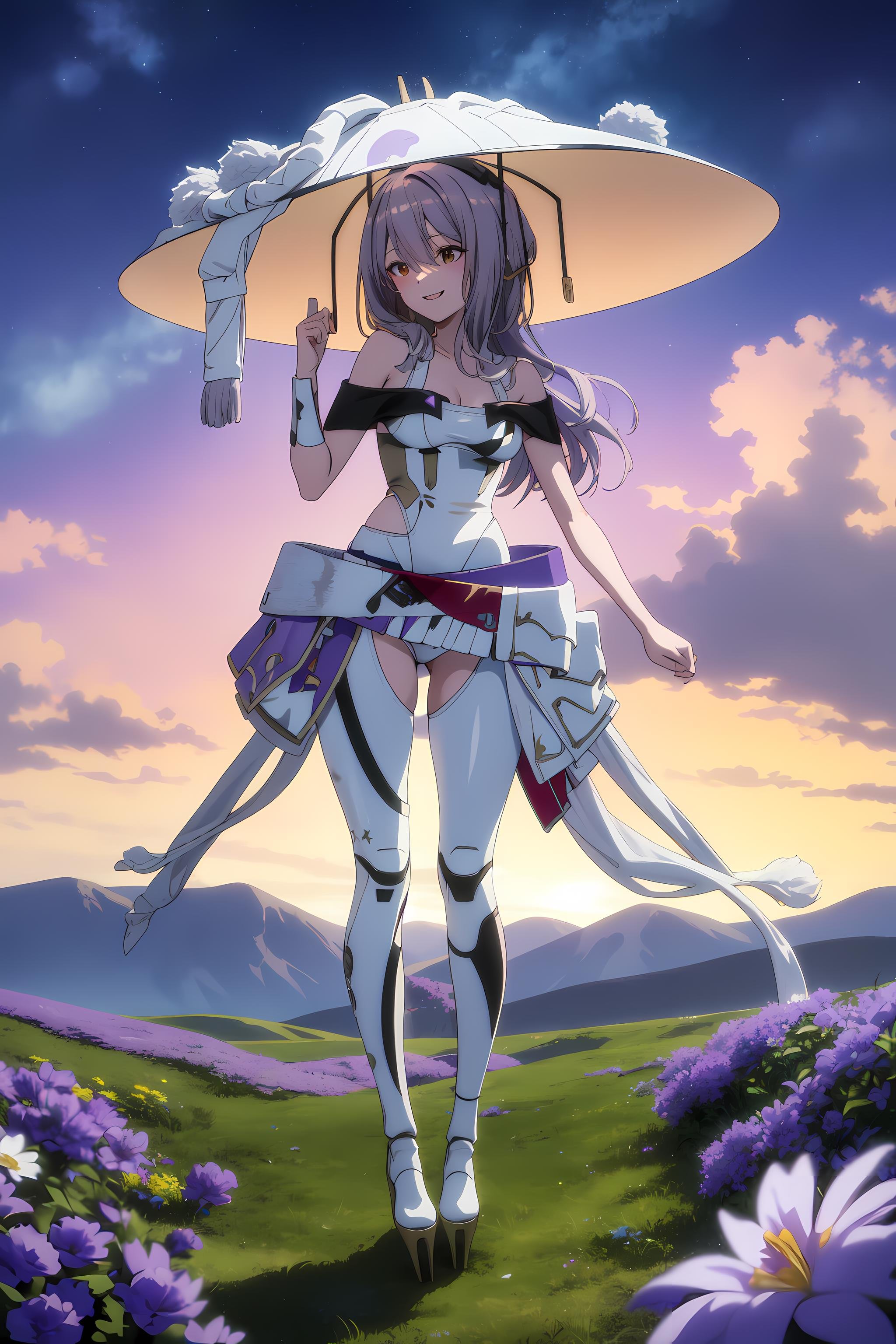 <lora:ScarletV25-000011:1> masterpiece, best quality, scarletx, long hair, white leotard, white pants, bare shoulders, overskirt, hat, kasa, smile, fantasy landscape, field of flowers, mountain, starry sky, sunset, high heels, standing