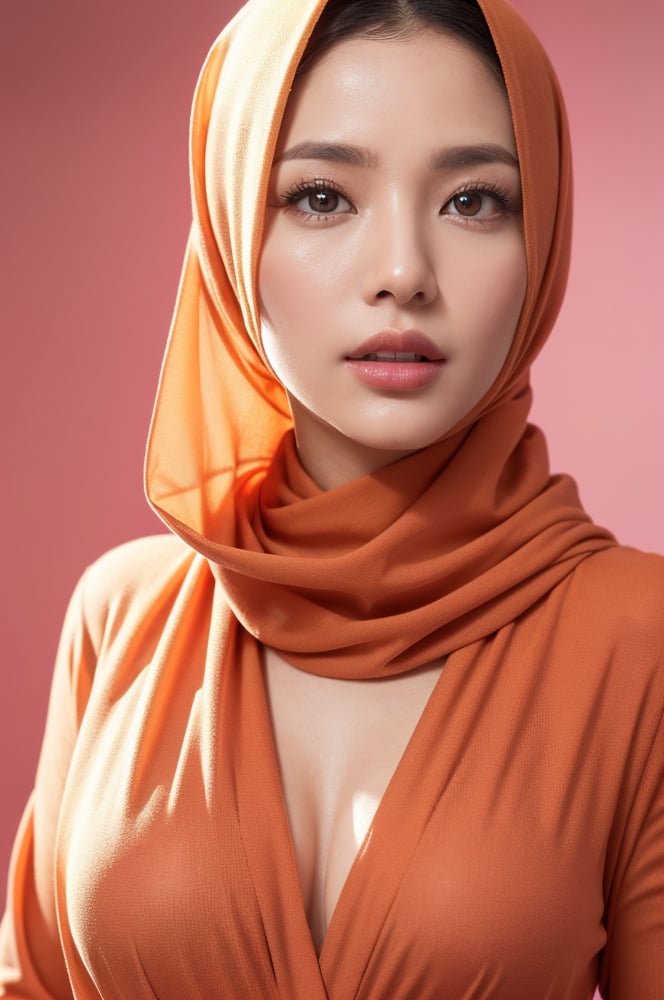 a real MALAYSIAN woman wearing a red MAXI suit hijab, best suit HIJAB, pink background, half body shot, a cinematic scene movie, clouseup shot with canon EOS-1D X mark III, inspired by Erik Almas, (((beauty girl wearing maxi transparent hijab)))(ultra detailed face and eyes, one girl, 37 years old girl, hyper skin detailed, hyper detailed texture of face, makeup, visible pores:0.5, natural soft pale skin, black eyelids,)(((RAW photo, best quality, masterpiece:1.2, 8k, physically-based rendering, low lighting, soft lighting, hyper detailed skin texture, raw photo, dynamic pose, extreme realistic))) 