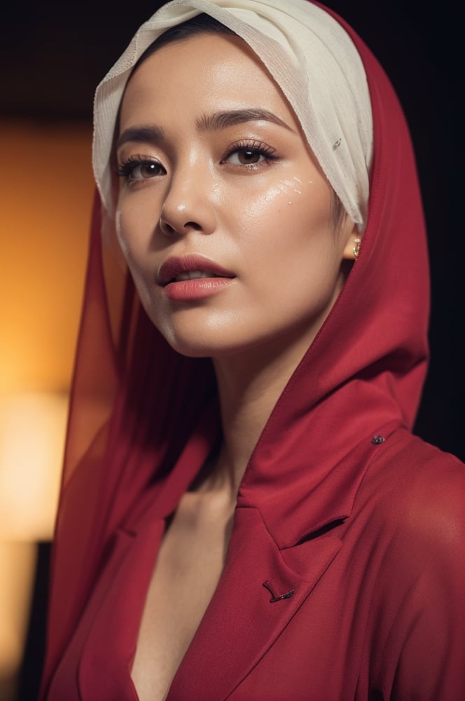 a real MALAYSIAN woman wearing a red MAXI suit hijab, best suit HIJAB, dark pink background, half body shot, a cinematic scene movie, clouseup shot with canon EOS-1D X mark III, inspired by Erik Almas, (((beauty girl wearing maxi transparent hijab)))(visible pores:0.9, visible wrinkles:0.2, visible sweat:0.5, ultra detailed face and eyes, one girl, 37 years old girl, hyper skin detailed, hyper detailed texture of face, makeup, natural soft pale skin, black eyelids,)(((RAW photo, best quality, masterpiece:1.2, 8k, physically-based rendering, low lighting, soft lighting, hyper detailed skin texture, raw photo, dynamic pose, extreme realistic)))