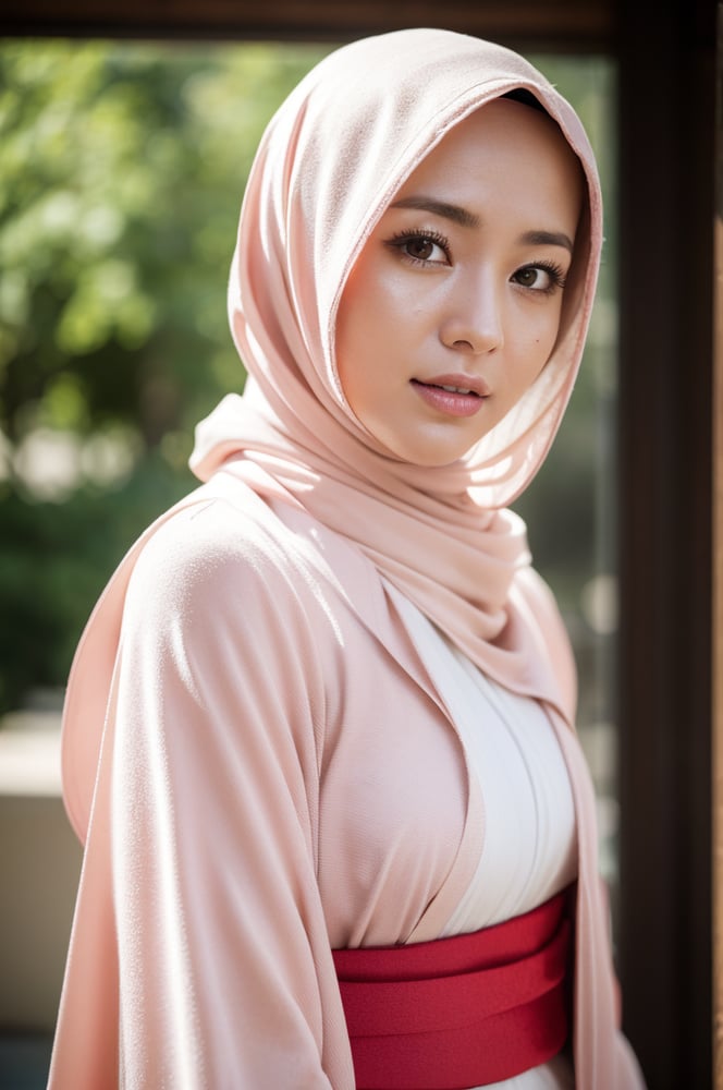 a real Japan woman wearing a pink kimono hijab, best suit HIJAB, dark room background, half body shot, a cinematic scene movie, clouseup shot with canon EOS-1D X mark III, inspired by Erik Almas, (((beauty girl wearing maxi transparent hijab)))(visible pores:0.9, visible wrinkles:0.2, visible sweat:0.5, ultra detailed face and eyes, one girl, 37 years old girl, hyper skin detailed, hyper detailed texture of face, makeup, natural soft pale skin, black eyelids,)(((RAW photo, best quality, masterpiece:1.2, 8k, physically-based rendering, low lighting, soft lighting, hyper detailed skin texture, raw photo, dynamic pose, extreme realistic)))