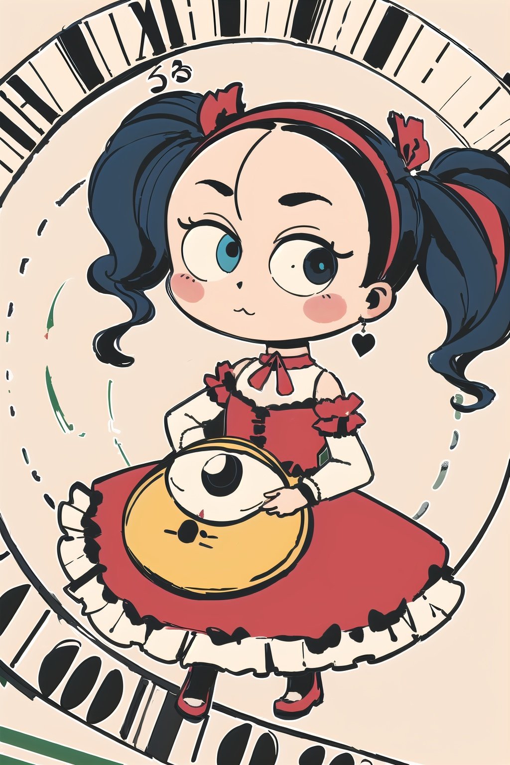 dmstyle,masterpiece, best quality, absurdres, KurumiBase, (clock eyes), heterochromia, twintails, hairband, red dress, frills, detached sleeves, frilled choker, chibi, 