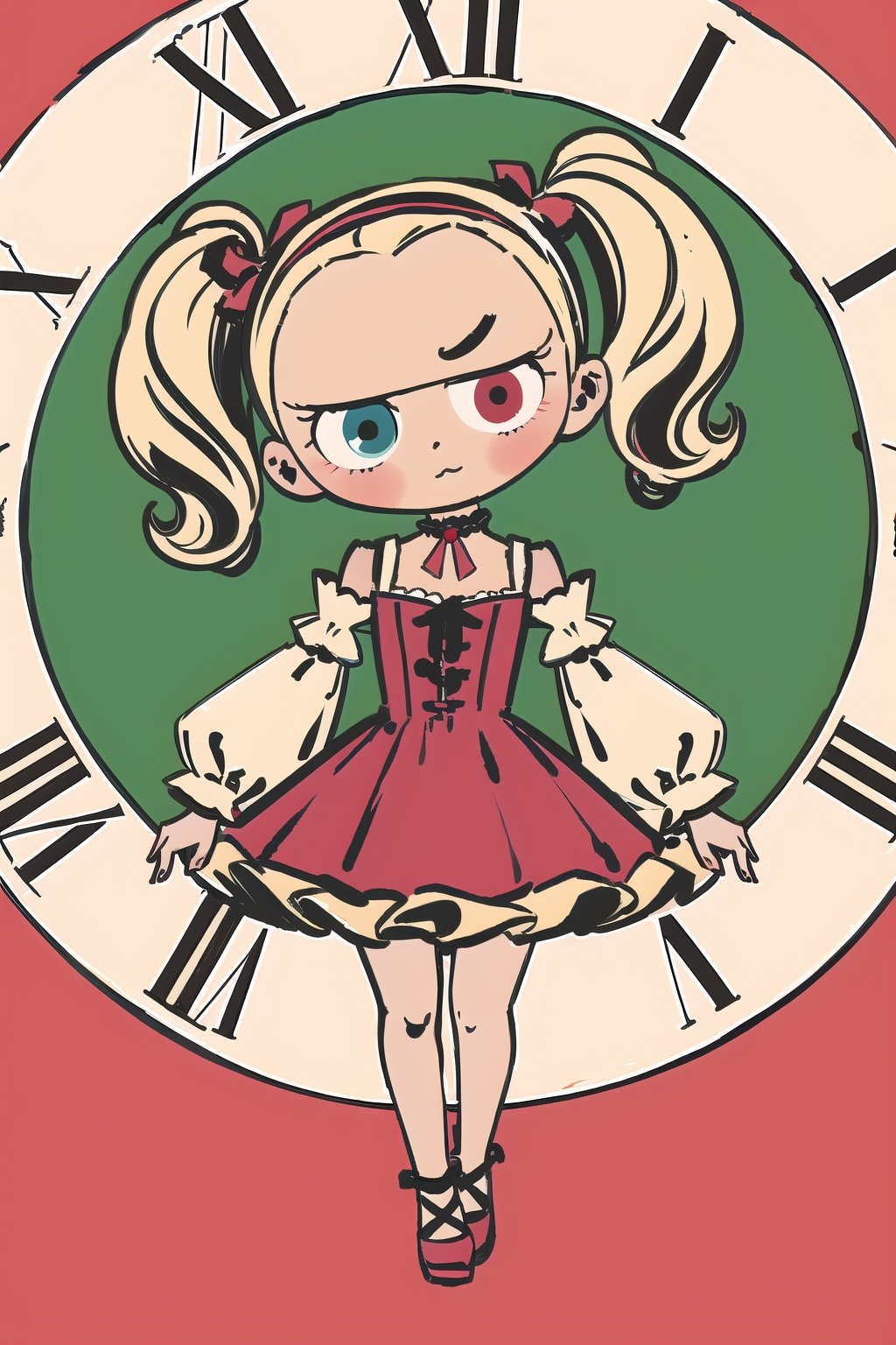 dmstyle,masterpiece, best quality, absurdres, KurumiBase, (clock eyes), heterochromia, twintails, hairband, red dress, frills, detached sleeves, frilled choker, chibi, 