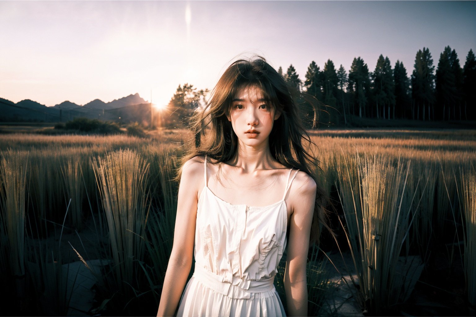  A girl with a mysterious gaze, standing in the depths of a dense reed bed, a telephoto lens zooming in on her face, capturing the emotion, influenced by Robert Doisneau's candid photography, with a rough, grainy texture that adds a sense of authenticity.,WuLight