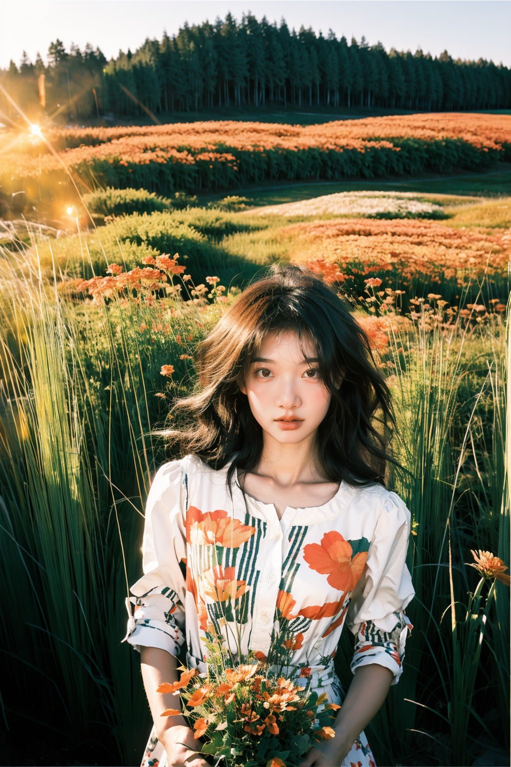  A young girl, with a mischievous grin on her face, is captured as she plays in a field of wildflowers. The flowers are in full bloom, creating a riot of color. The image is shot using a fish-eye lens, giving the scene a distorted, dreamlike quality. The image is inspired by the works of David Hockney, with its playful, vibrant energy.,WuLight