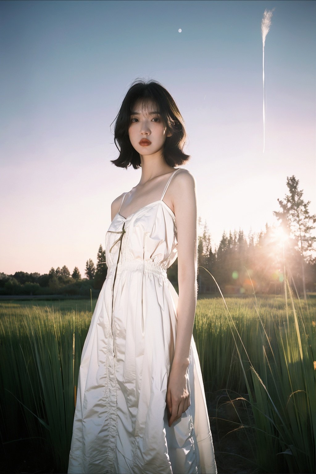  A young woman in a white dress, surrounded by a vibrant green reed bed, the early morning light creating a magical atmosphere, a fish-eye lens capturing the distortion, paying homage to Man Ray's experimental photography, with a metallic, glossy texture that adds a modern touch to the traditional scene.,WuLight