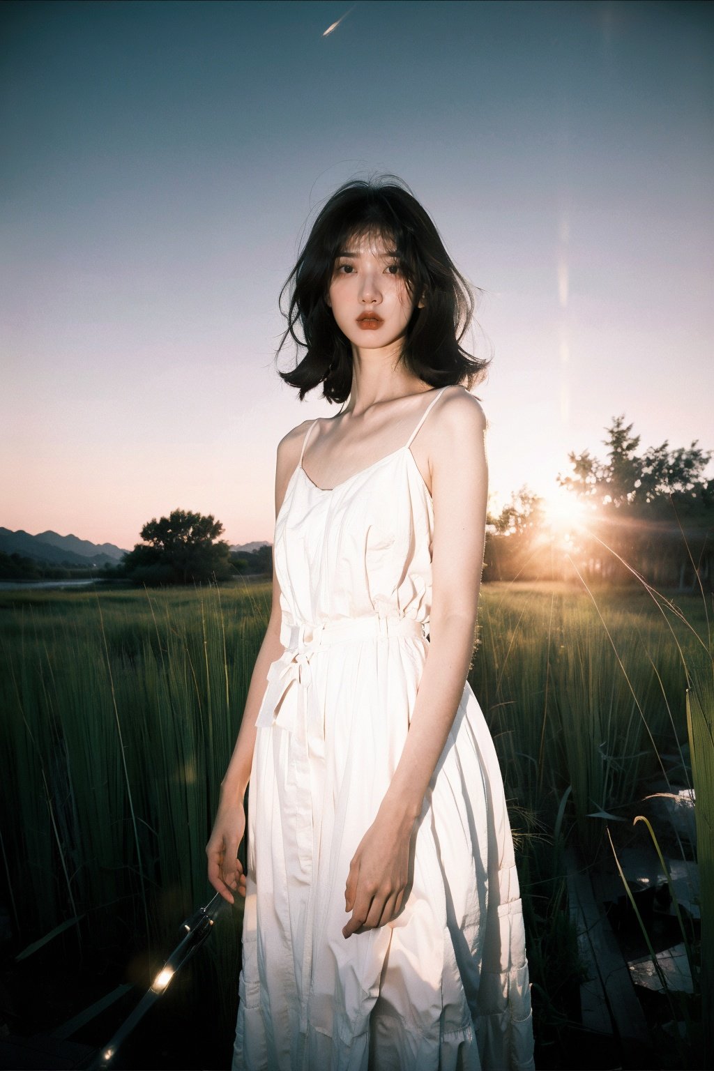  A young woman in a white dress, surrounded by a vibrant green reed bed, the early morning light creating a magical atmosphere, a fish-eye lens capturing the distortion, paying homage to Man Ray's experimental photography, with a metallic, glossy texture that adds a modern touch to the traditional scene.,WuLight