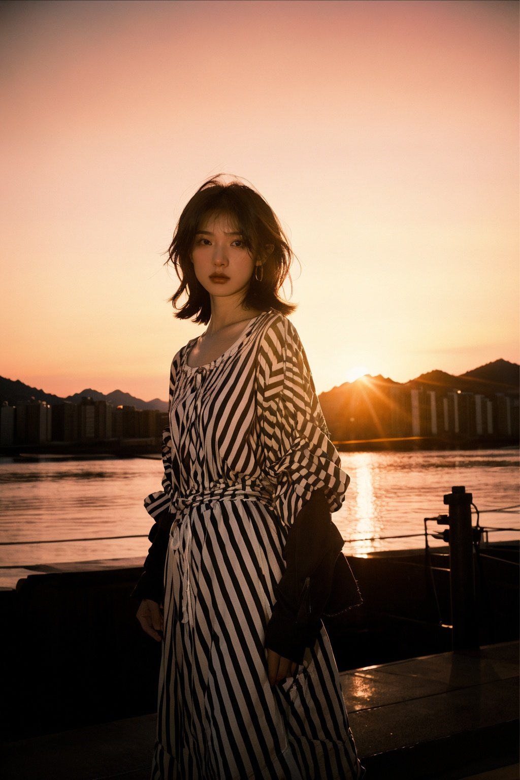  A young girl standing in front of a vibrant sunset, her silhouette sharply contrasted against the backdrop of the fading orange sky. The scene is captured using a wide-angle lens with a shallow depth of field, creating a dramatic sense of perspective. Inspired by the works of Ansel Adams, the image exudes a sense of raw, natural beauty.,WuLight