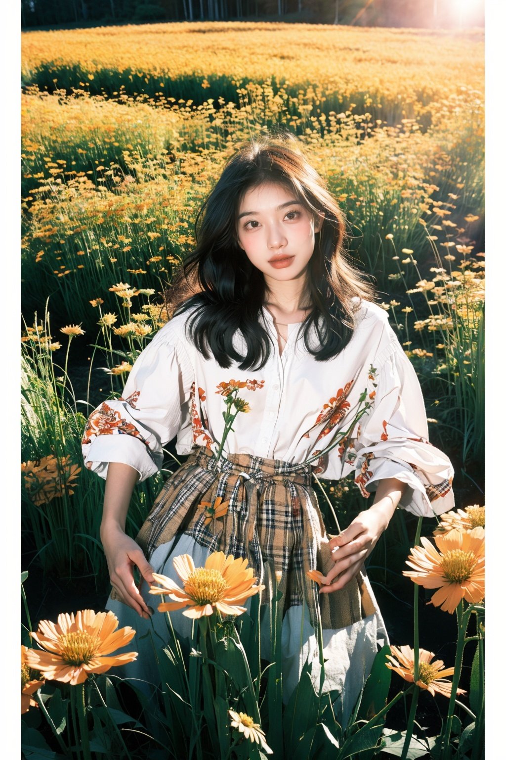  A young girl, with a mischievous grin on her face, is captured as she plays in a field of wildflowers. The flowers are in full bloom, creating a riot of color. The image is shot using a fish-eye lens, giving the scene a distorted, dreamlike quality. The image is inspired by the works of David Hockney, with its playful, vibrant energy.,WuLight