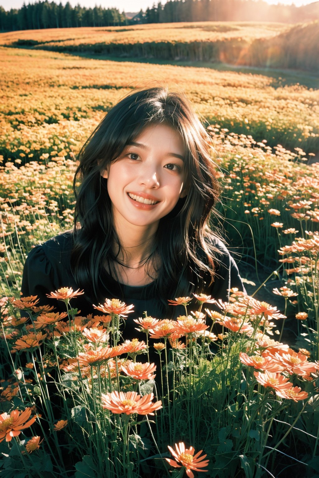  A young girl, with a mischievous grin on her face, is captured as she plays in a field of wildflowers. The flowers are in full bloom, creating a riot of color. The image is shot using a fish-eye lens, giving the scene a distorted, dreamlike quality. The image is inspired by the works of David Hockney, with its playful, vibrant energy.,WuLight