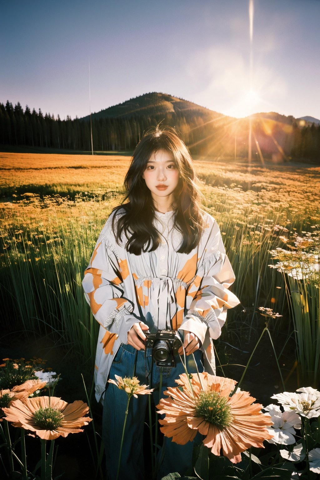  A young girl, with a mischievous grin on her face, is captured as she plays in a field of wildflowers. The flowers are in full bloom, creating a riot of color. The image is shot using a fish-eye lens, giving the scene a distorted, dreamlike quality. The image is inspired by the works of David Hockney, with its playful, vibrant energy.,WuLight