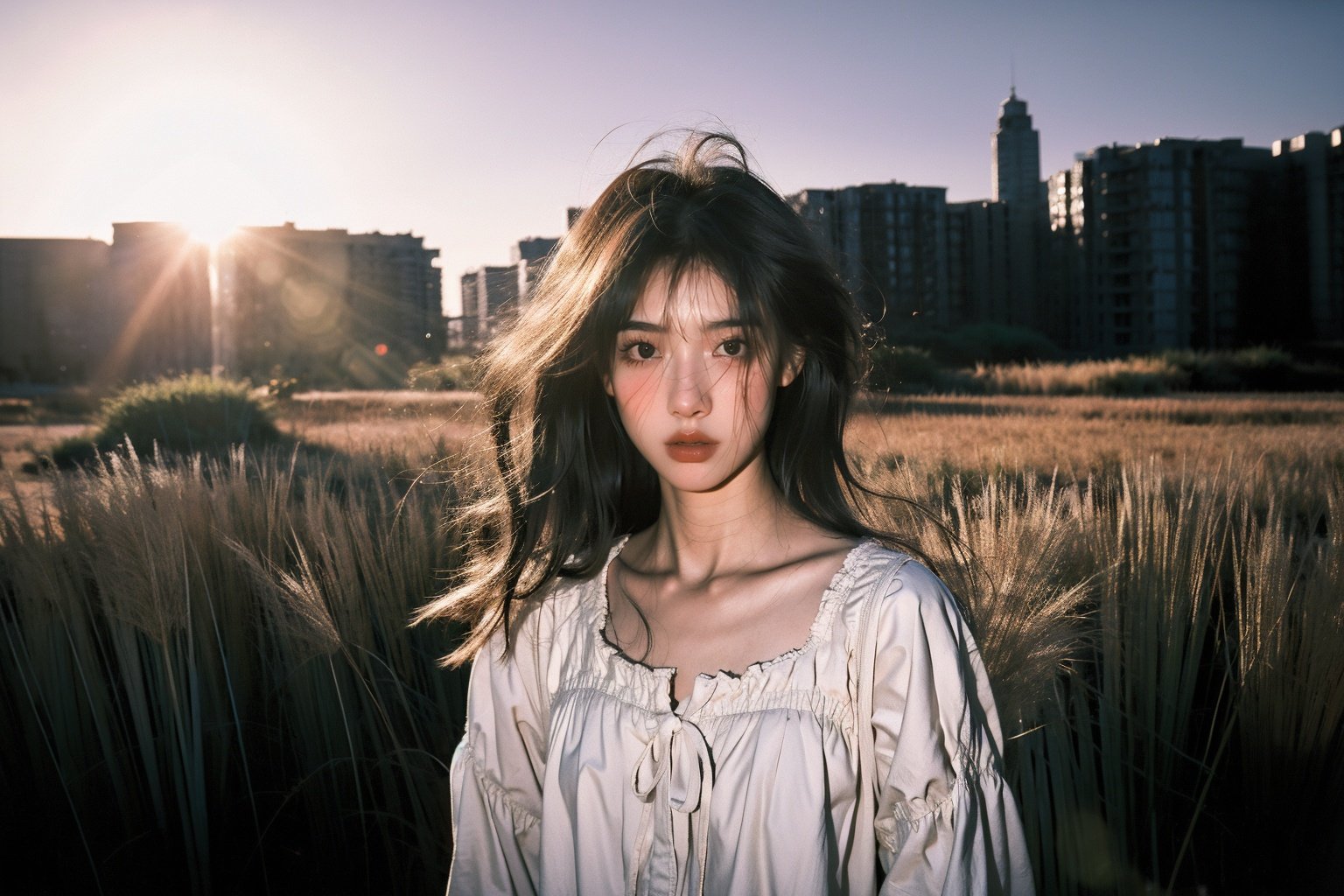  A girl with a mysterious gaze, standing in the depths of a dense reed bed, a telephoto lens zooming in on her face, capturing the emotion, influenced by Robert Doisneau's candid photography, with a rough, grainy texture that adds a sense of authenticity.,WuLight