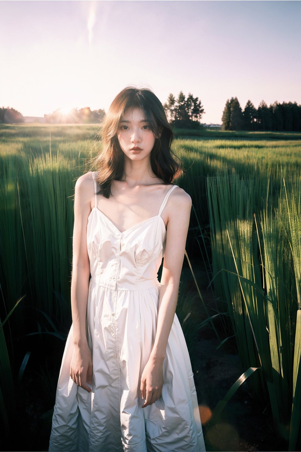  A young woman in a white dress, surrounded by a vibrant green reed bed, the early morning light creating a magical atmosphere, a fish-eye lens capturing the distortion, paying homage to Man Ray's experimental photography, with a metallic, glossy texture that adds a modern touch to the traditional scene.,WuLight