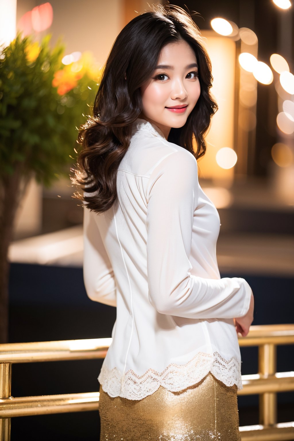 woman, medium wavy hair, smile, kebaya, (white gold blouse), skirt, medium shot, night, depth of field, bokeh