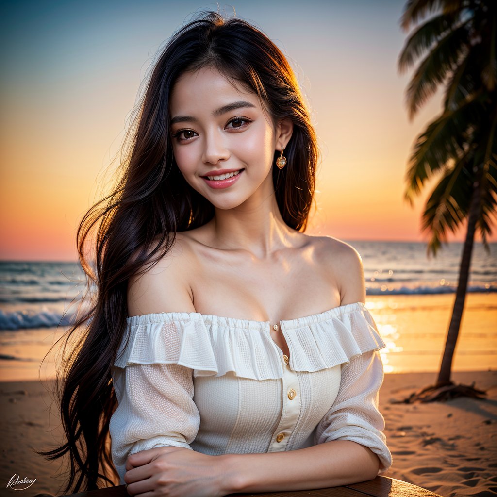 8k, highest quality, ultra details, masterpiece, best quality, photorealistic, raw photo, 1girl, long hair, blouse, light smile, detailed skin, pore, off-shoulder, low key, black background, Lalisa, beach sunset.