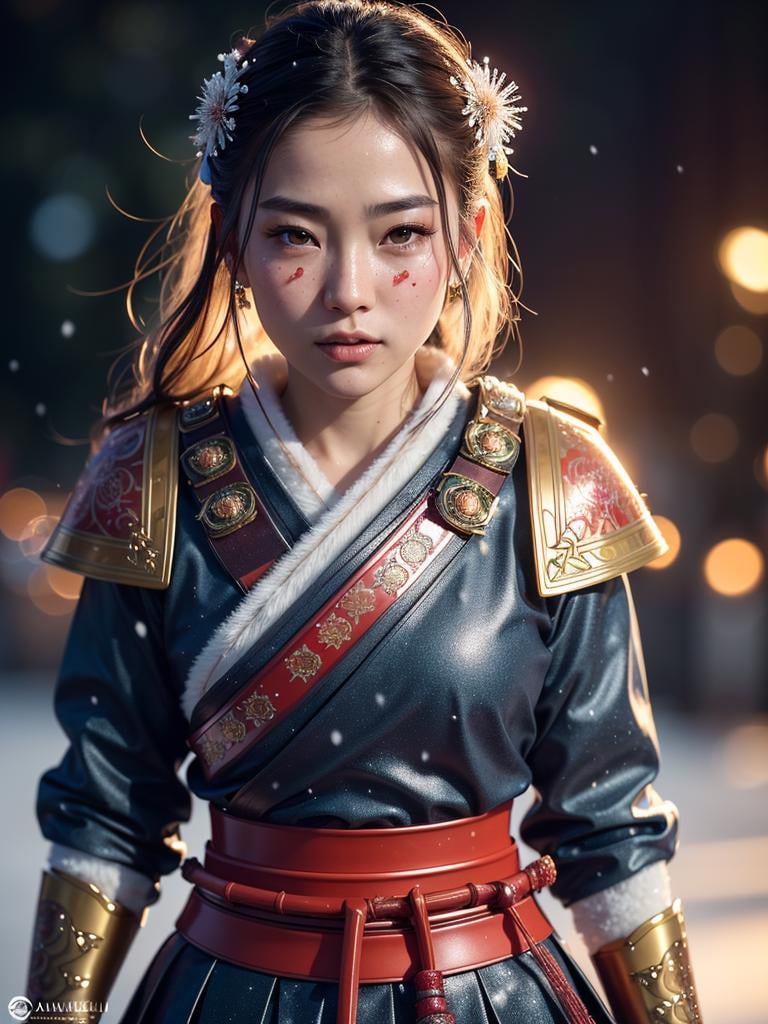 macro,((beautiful samurai girl)), detailed facial features, realistic skin texture,fantasy, fairytale, space adventurer, scifi character, cute, character,vivid colors, intricately detailed sharp focus, cinematic lighting, rim lighting, masterpiece, cgsociety, 4k, octane render,((glittering snow flakes, halos, bokeh))