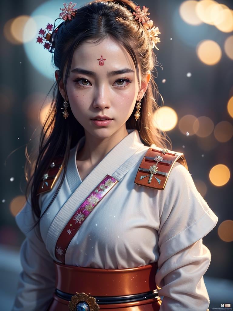 macro,((beautiful samurai girl)), detailed facial features, realistic skin texture,fantasy, fairytale, space adventurer, scifi character, cute, character,vivid colors, intricately detailed sharp focus, cinematic lighting, rim lighting, masterpiece, cgsociety, 4k, octane render,((glittering snow flakes, halos, bokeh))