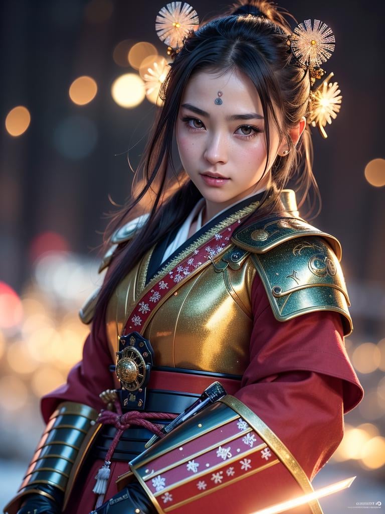 macro,((beautiful samurai girl)), detailed facial features, realistic skin texture,fantasy, fairytale, space adventurer, scifi character, cute, character,vivid colors, intricately detailed sharp focus, cinematic lighting, rim lighting, masterpiece, cgsociety, 4k, octane render,((glittering snow flakes, halos, bokeh))