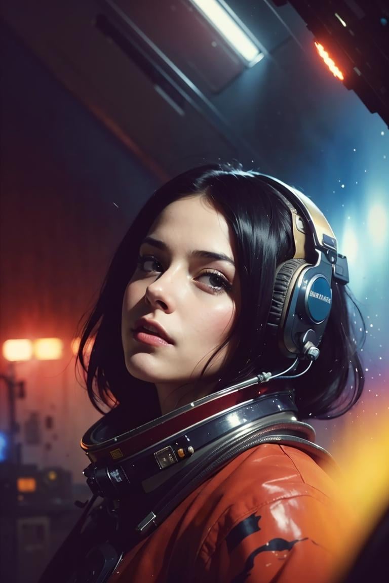 (masterpiece, top quality, best quality, extreme detailed, highest detailed, official art, beautiful and aesthetic:1.2), colorful, cowboy shot, beautiful face, solo, perfect body, 1girl, in space, spacecraft, spacesuit, sun rays, indoors, (wires and cables:1.1), (science fiction:1.2), porthole, illuminator, stars,fantasy, high contrast, ink strokes, explosions, over exposure, purple and red tone impression , abstract, ((watercolor painting by John Berkey and Jeremy Mann )) brush strokes, negative space,