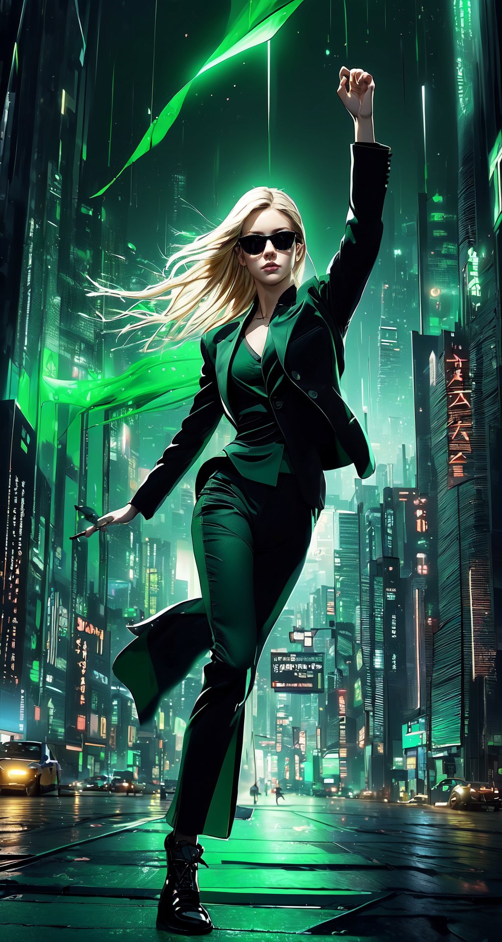 Master masterpiece, high-definition picture quality, matrix style, Matrix, gorgeous movements, ((1boy)), the correct body proportion, black glasses, blonde hair, city, green, floating, all-black suit, dark night, buildings, Code matrix cascading from top to bottom,1 girl, Cyberpunk