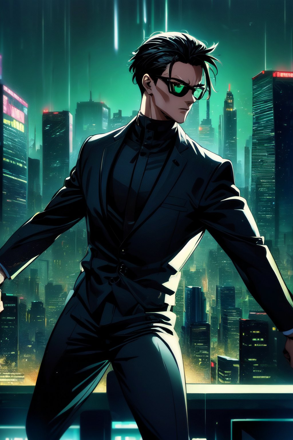 high-definition, dynamic, action-packed, 
1man, Matrix style, leaping, mid-air, all-black suit, black glasses, athletic build, intense expression, 
((depth of field)), urban skyline, futuristic cityscape, dark ambiance, digital code rain, neon lights, gorgeous movements, Code matrix cascading from top to bottom, by FuturEvoLab, 
gravity-defying, cyberpunk atmosphere, surreal, digital world, 