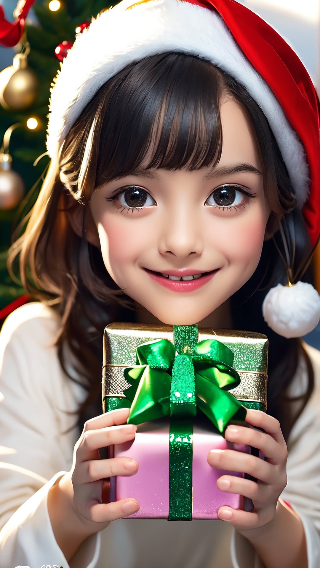 Embrace the festive spirit with this heartwarming prompt: "Illustrate a charming scene of a cute little girl adorned in a Christmas-style hat and dress, holding a gift with anticipation. Capture the innocence and joy in her eyes as she looks directly at the viewer, ready to present the gift. Encourage artists to bring to life the warmth and magic of the moment, creating a visually enchanting image that embodies the joy and generosity of the holiday season.,Santa Claus,Cyberpunk,Matrix