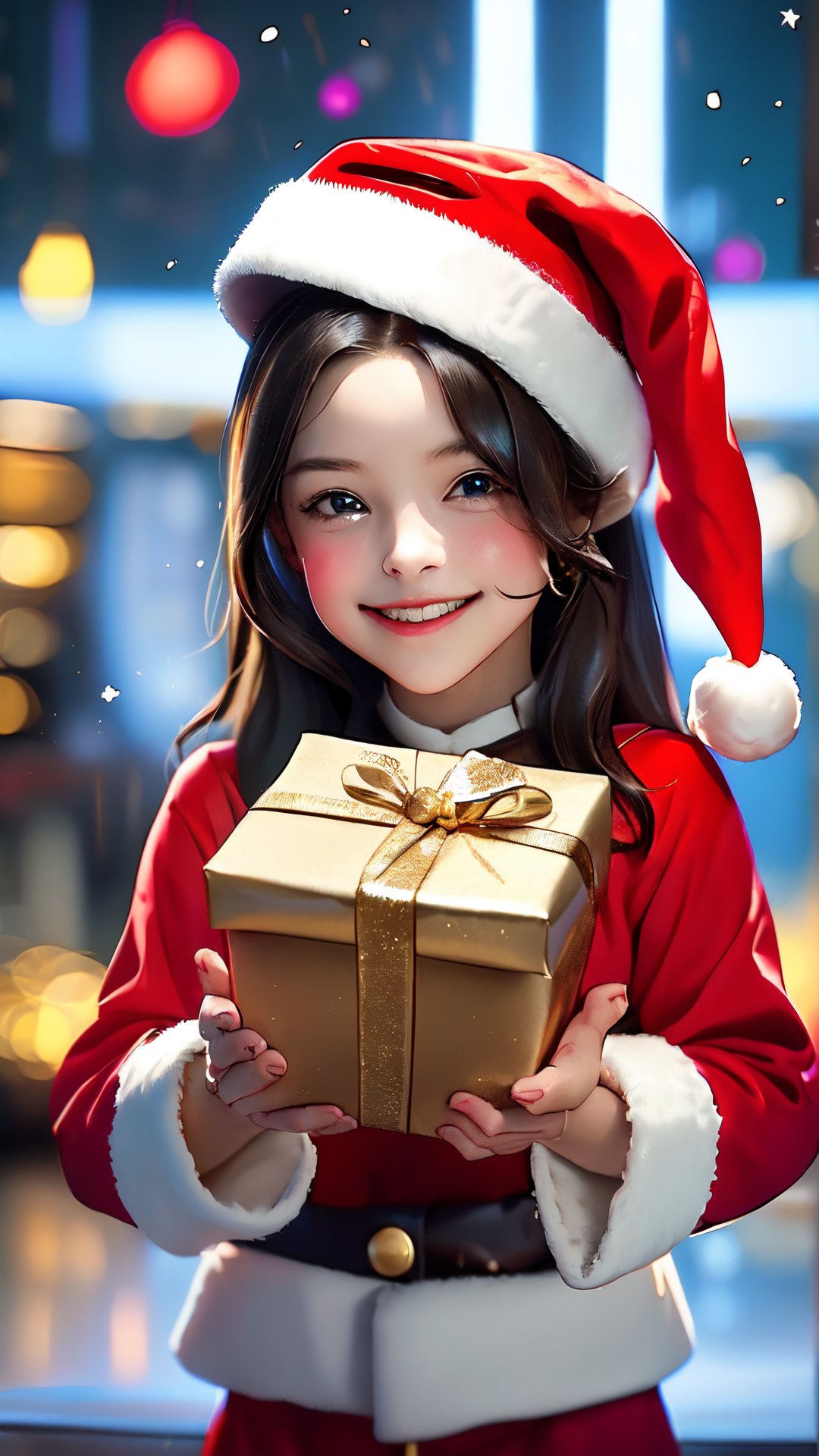 Embrace the festive spirit with this heartwarming prompt: "Illustrate a charming scene of a cute little girl adorned in a Christmas-style hat and dress, holding a gift with anticipation. Capture the innocence and joy in her eyes as she looks directly at the viewer, ready to present the gift. Encourage artists to bring to life the warmth and magic of the moment, creating a visually enchanting image that embodies the joy and generosity of the holiday season.,Santa Claus,Cyberpunk,Matrix