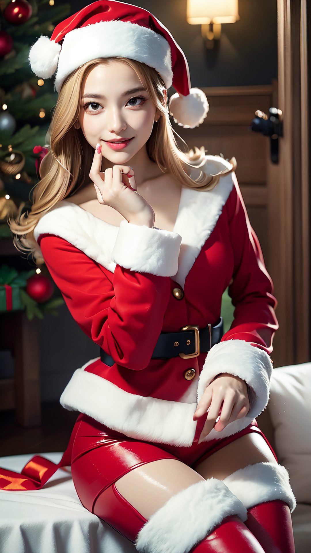 ((masterpiece, best quality, ultra-detailed, very fine 8KCG wallpapers)), 1girl, solo, kawaii, smile, medium breasts, blonde hair, long hair, green eyes, santa, red beret, red bow ribbon, red gloves, red dress, red boots, santa girl costume, christmas, holy night, christmas decorations, christmas night, nice hands, perfect hands,