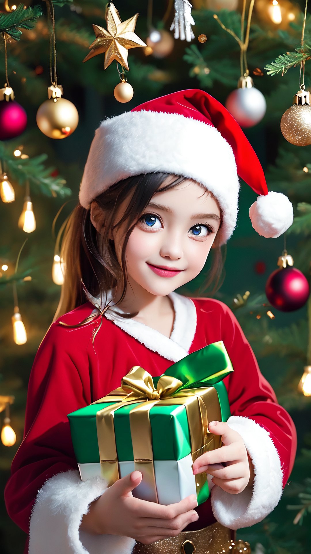 Embrace the festive spirit with this heartwarming prompt: "Illustrate a charming scene of a cute little girl adorned in a Christmas-style hat and dress, holding a gift with anticipation. Capture the innocence and joy in her eyes as she looks directly at the viewer, ready to present the gift. Encourage artists to bring to life the warmth and magic of the moment, creating a visually enchanting image that embodies the joy and generosity of the holiday season.,Santa Claus,Cyberpunk,Matrix