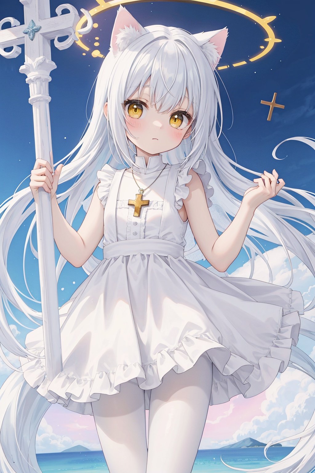  white hair,yellow eyes,looking up,stockings,long hair,hime cut,messy hair,floating hair,demon wings,halo,cross necklace,holy,divinity,shine,holy light,cat girl,(loli),(petite),solo,white pantyhose