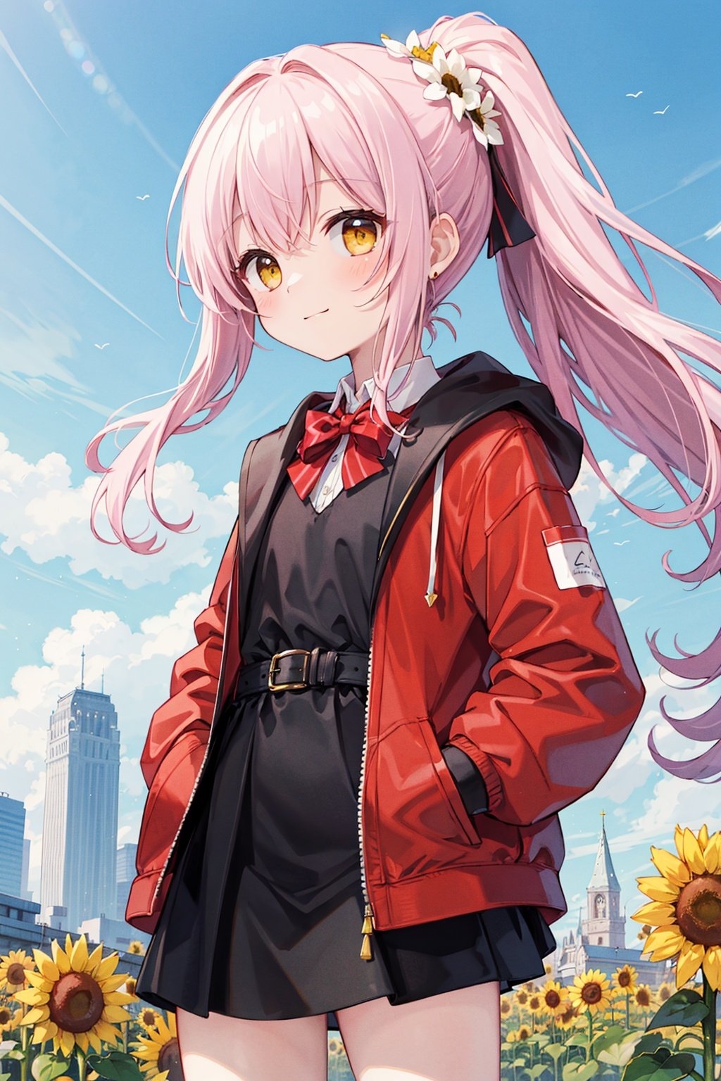  (best quality), ((masterpiece)), (highres),standing,original, extremely detailed wallpaper, (an extremely delicate and beautiful),(loli：1.2),(petite:1.2),Pink hair,Yellow eyes, (red Jacket),high ponytail,white collared shirt,hair flower,fipped hair,floating hair,Frown,hands in pockets,black dress,red bowtie,(solo),sky, skyline, skyscraper, smile, solo, sunflower, tower, upper_body,white flower