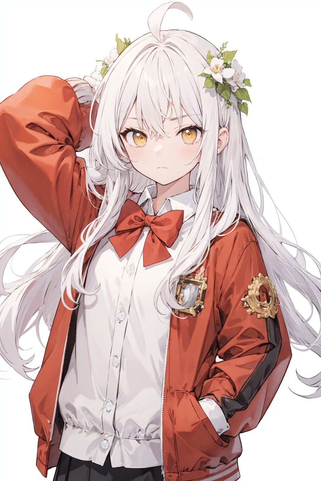  (best quality), ((masterpiece)), (highres),standing,original, extremely detailed wallpaper,crown,(an extremely delicate and beautiful),(loli),(petite),white hair,bangs,ahoge,hair flowing over,curly hair,long hair,Yellow eyes, (red Jacket),white collared shirt,hair flower,fipped hair,floating hair,Frown,hands in pockets,black dress,red bowtie,(solo),cozy anime